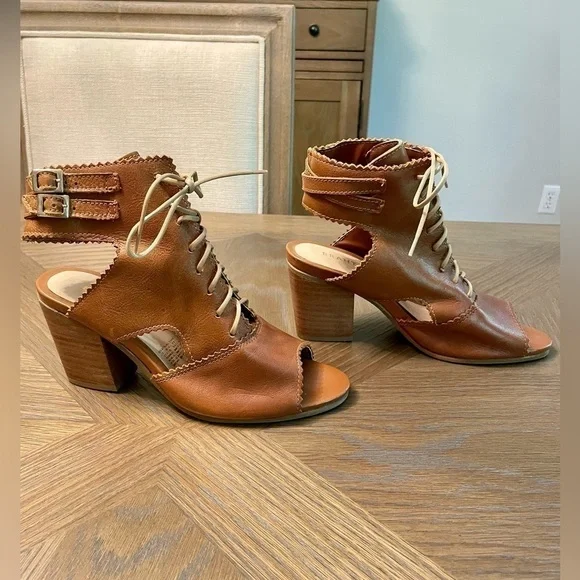 Nwot Brantano Leather Lace up Open Toe and Open Heel Caramel - Picture 8 of 16